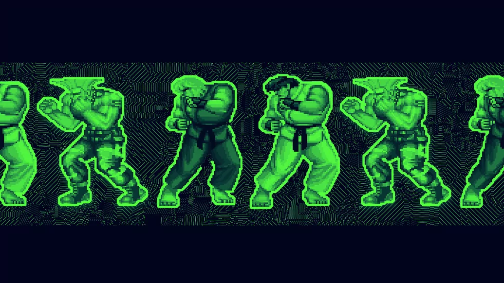 Green street fighter illustrative graphics on a dark blue background