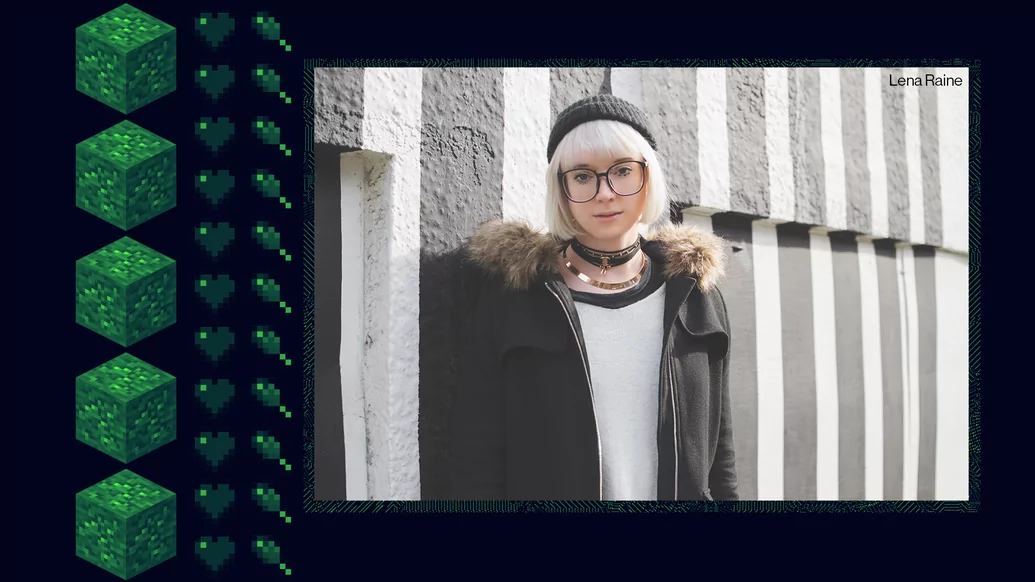 Photo of Lena Raine wearing big glasses and a bobble hat on a dark blue background with green video game motifs