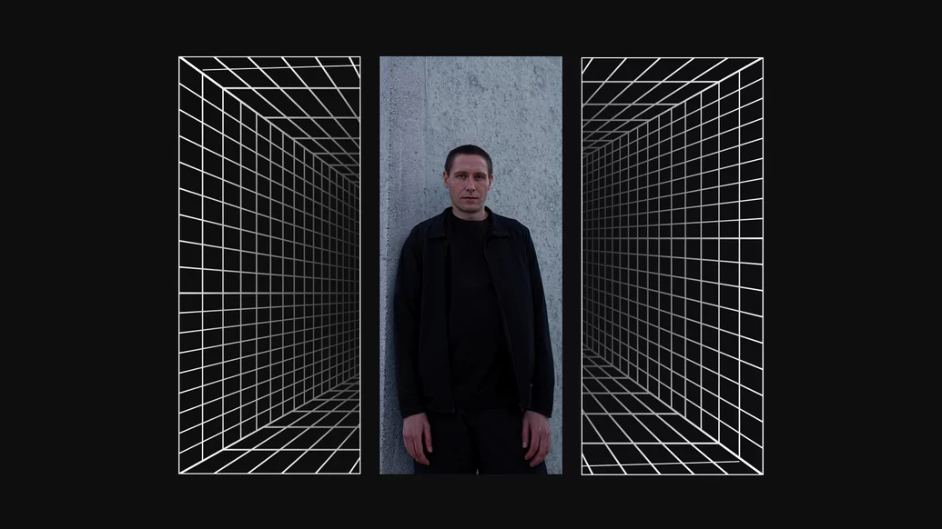 Photo of Casper Mejlholm on a black background with a warped white line grid