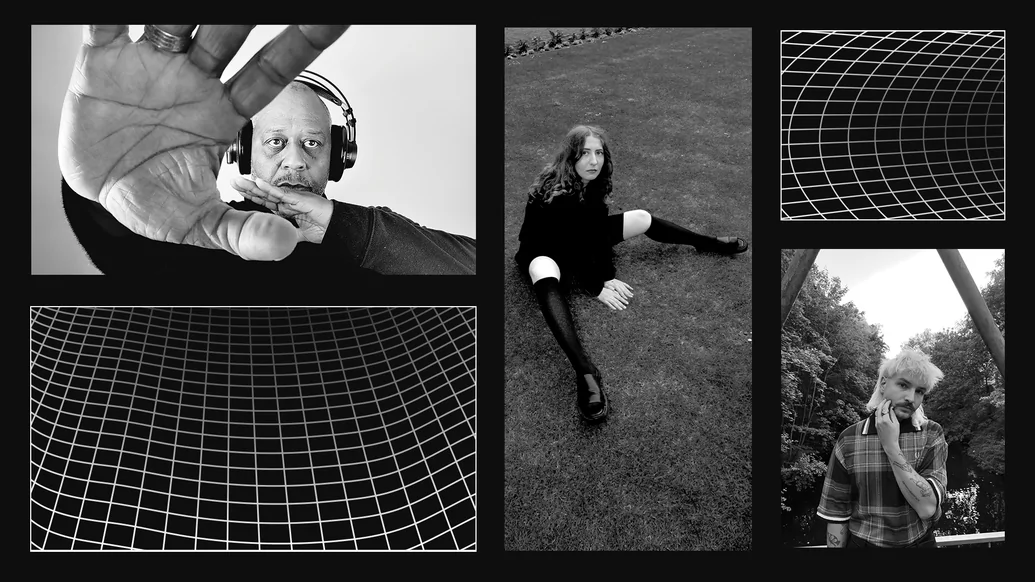 Black and white photos of Keith Tucker, Poly Chain and LFT on a black background with a warped white line grid
