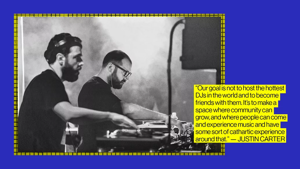 Black and white photo of Eamon Harkin and Justin Carter DJing with a quote on a blue background