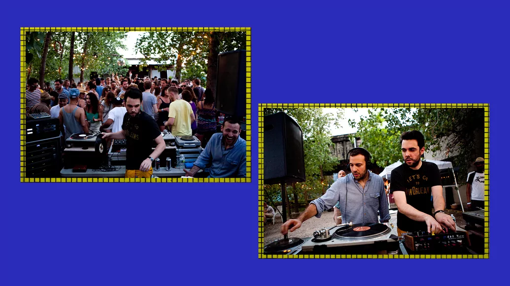 Photos of Eamon Harkin and Justin Carter DJing in a forest on a blue background