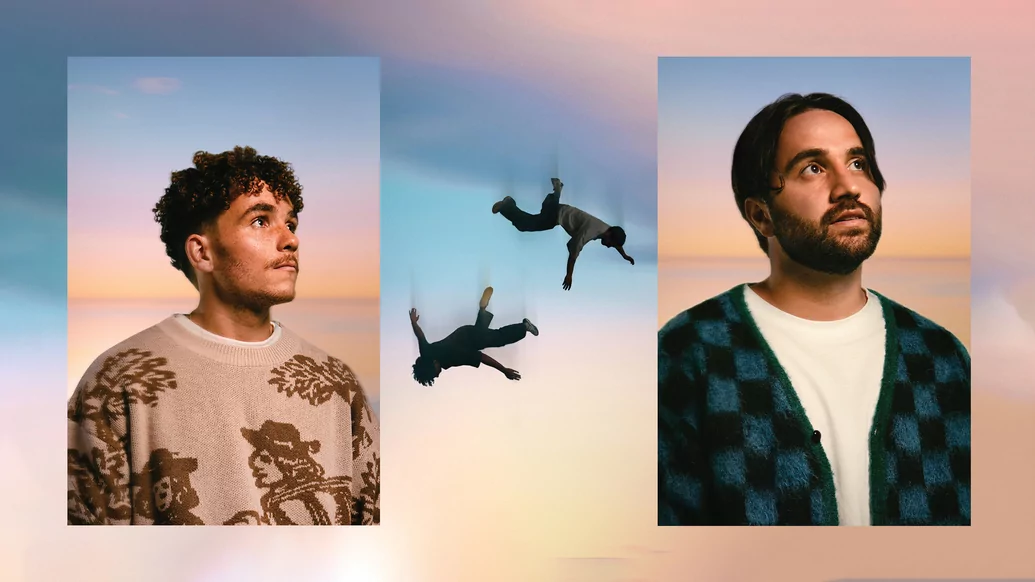 Photo of ANOTR seemingly flying through the air against a sunset background with individual profile shots layered on top