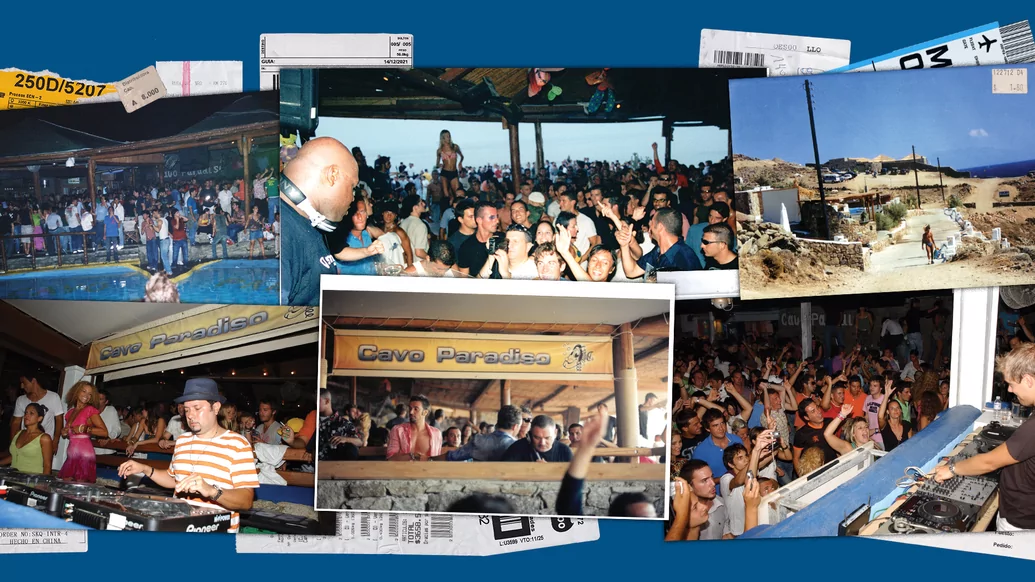 Collaged photos from Cavo Paradiso on a blue background