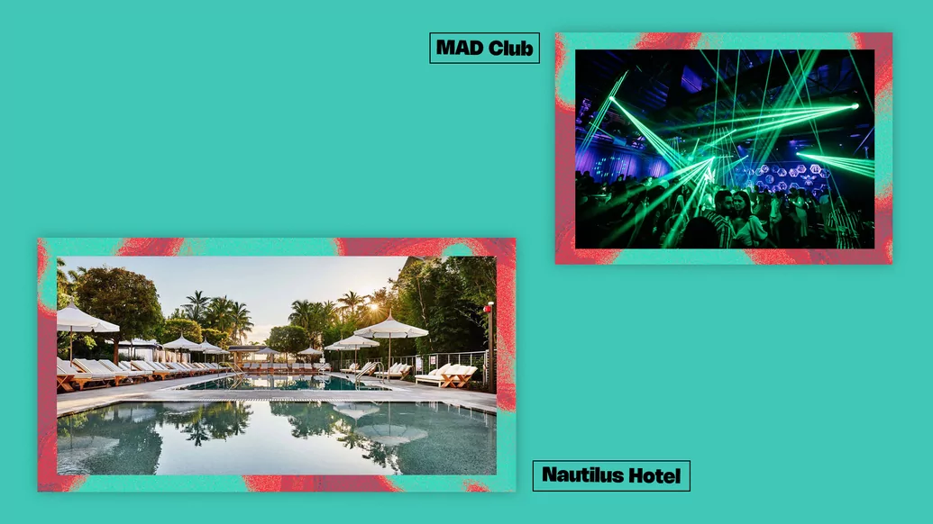 Turquoise graphic featuring photos of Mad Club and Nautilus Hotel