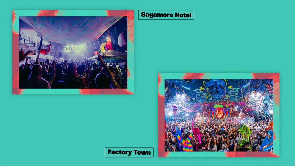 Turquoise graphic featuring photos of Sagamore Hotel and Factory Town