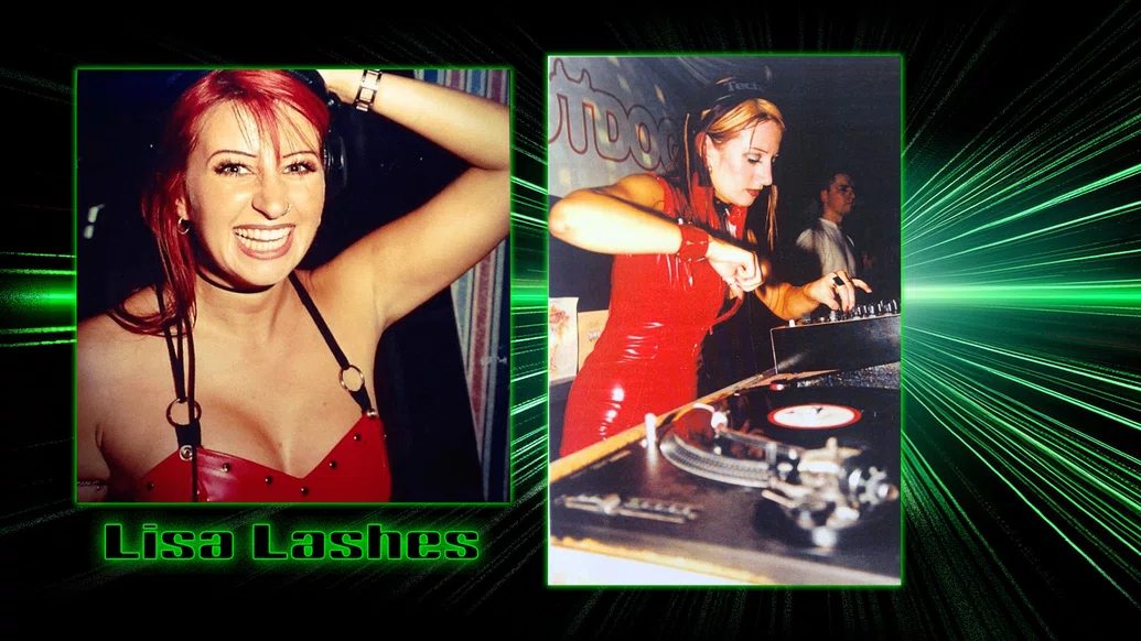 Two photos of Lisa Lashes Djing in the 90s on a black background with green lasers