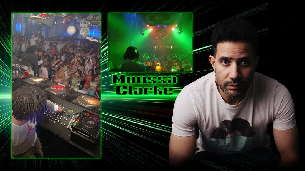 Two photos of Moussa Clarke Djing in the early 00s and a recent press shot on a black background with green lasers