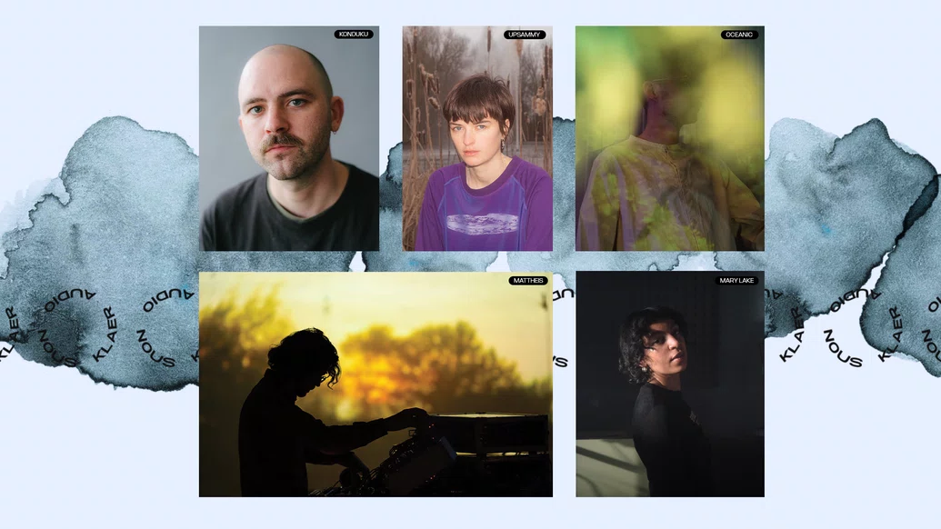 Selection of press shots of artists on the Nous'klaer label on a light blue background