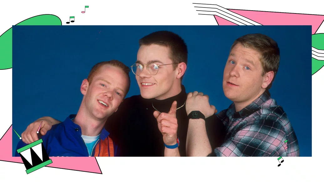 Bronski Beat Press shot on a background made with fragments of their single artwork design