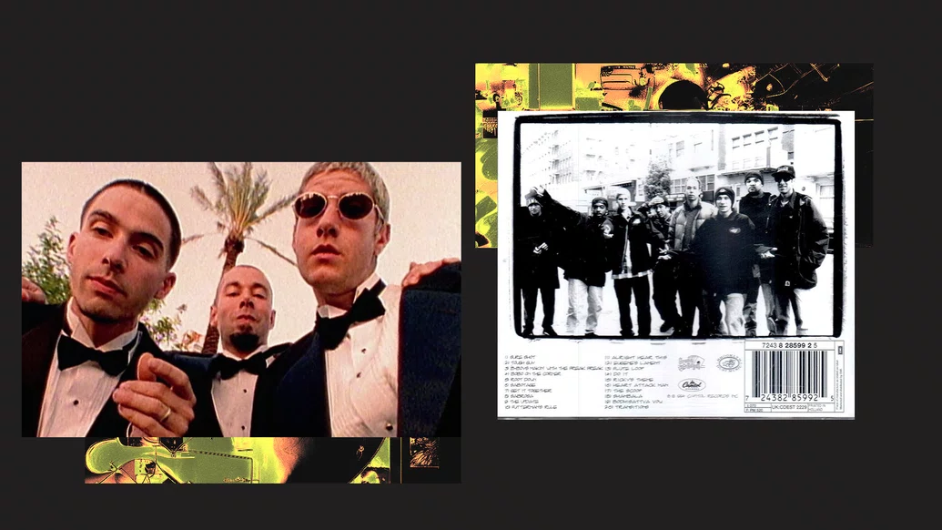 Still from Beastie Boys' 'Sure Shot' video next to the back cover of 'Ill Communication'