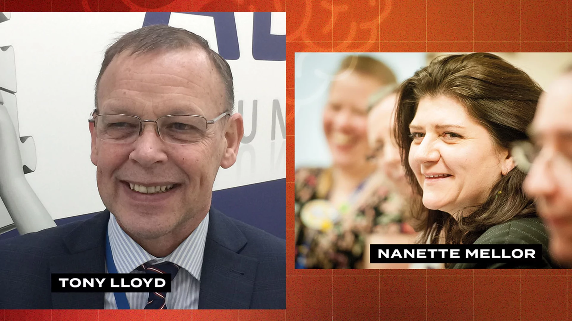 Two pictures side by side on an orange background. On the left is Tony Lloyd in a suit, on the right is Nanette Mellor sat smiling in an audience