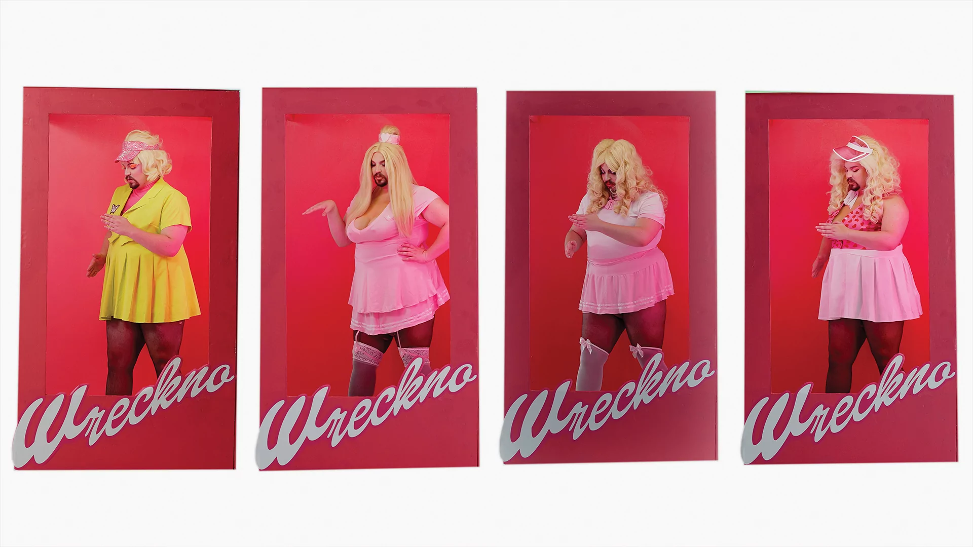 Four stills from Wreckno's EZ music video, wearing various pink and yellow dresses and hats in a blonde wig