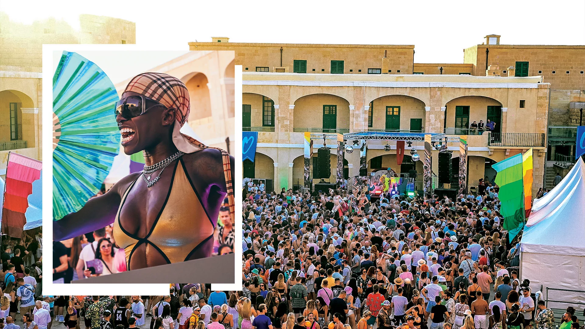 An aerial shot of an outdoor dancefloor at Defected's Malta festival, with a photo of a dancer with a fan overlayed