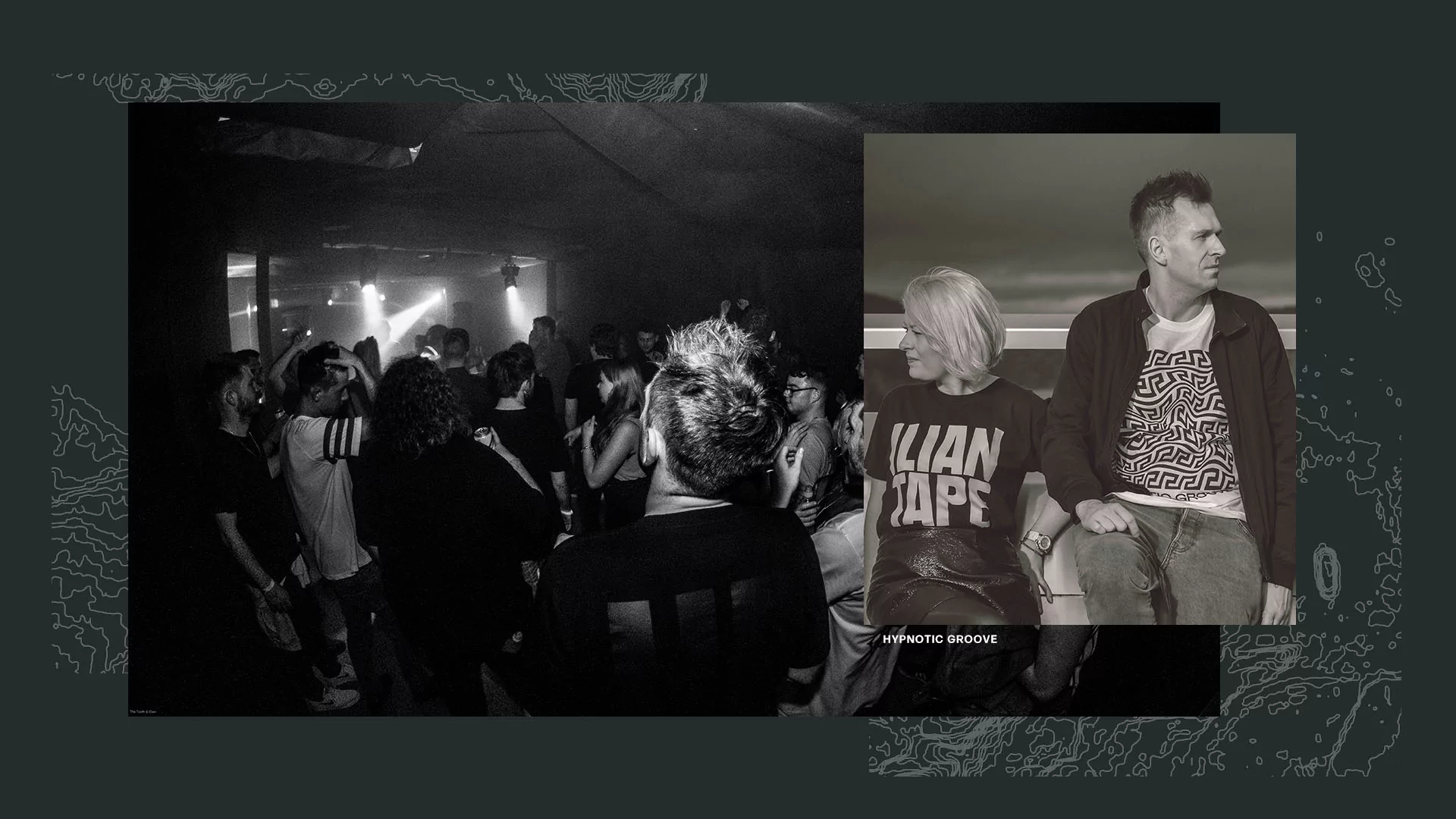 Left: Black and white crowd shot from a hypnotic groove party. Right: black & white photo Andrea Mackintosh and Johnny Wilson from Hypnotic Groove