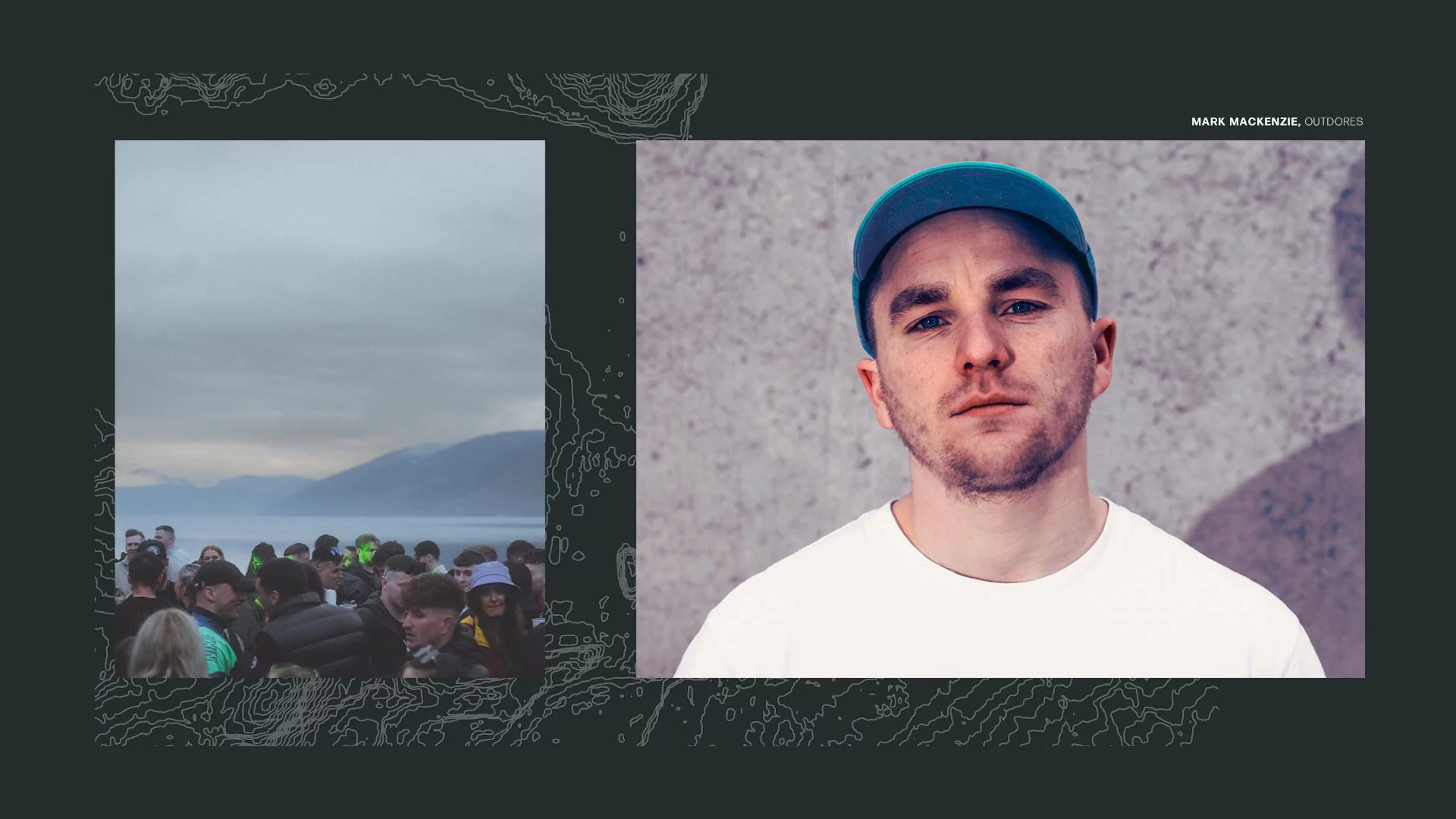 Left: A crowd shot at OutDores festival, overlooking the sea and a distant headland. Right: Mark Mackenzie