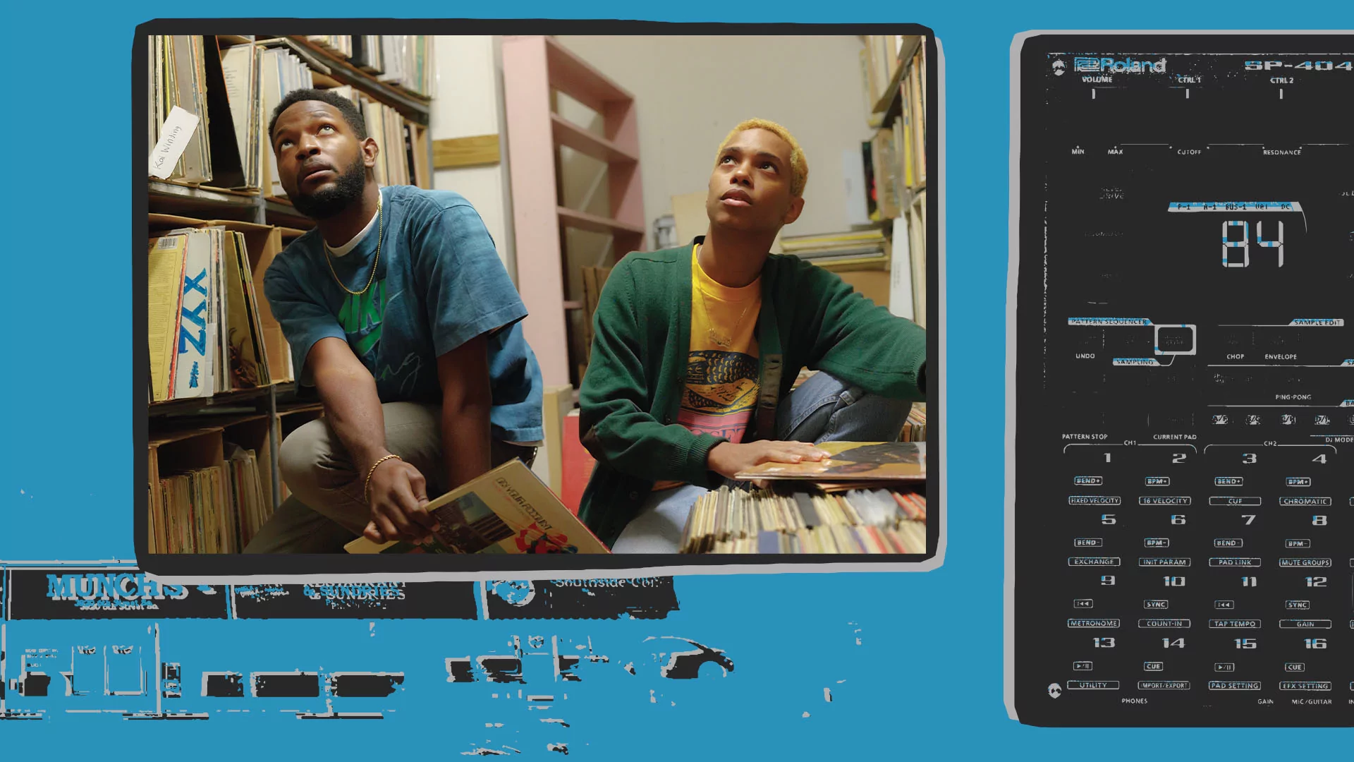 An image of Andre Gainey and Vonne Parks crouched amongst the shelves of a record store on a blue backdrop next to an illustration of an SP-404 Sampler