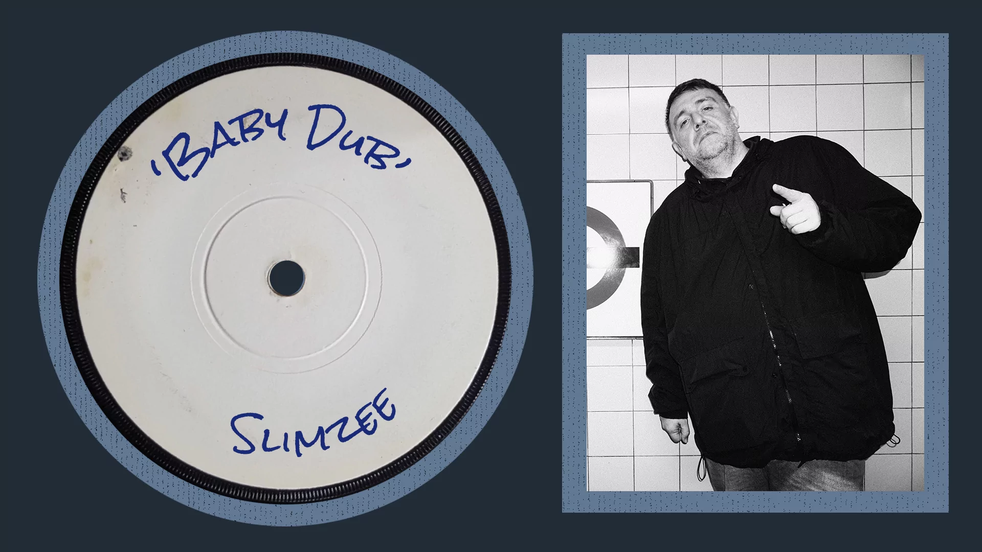 Black-and-white profile image of Slimzee with Slimzee 'Baby Dub' dubplate