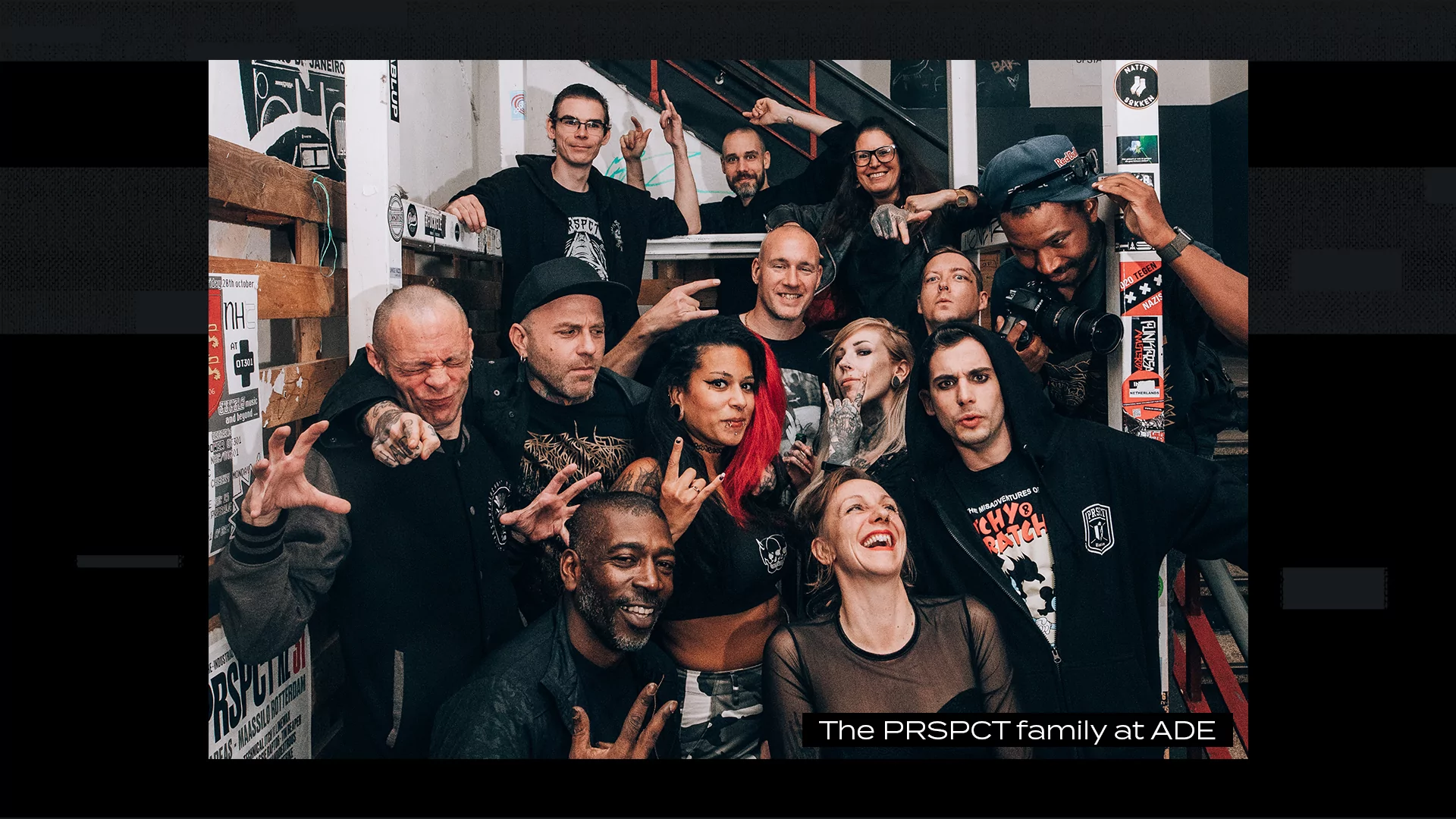 Photograph of various members of the PRSPCT family bunched and posing together at Amsterdam Dance Event, 2022