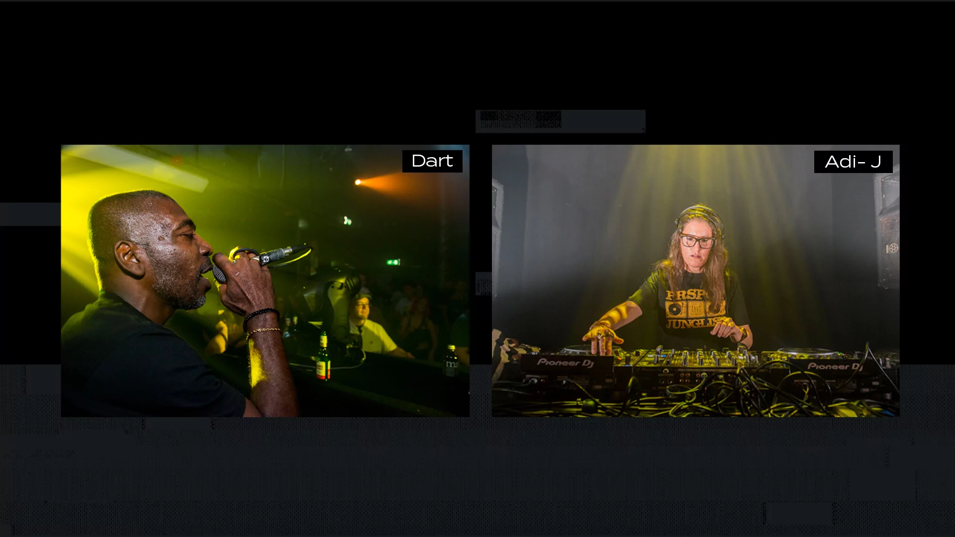 Two photographs on a black background, one of Dart MCing at a PRSPCT party, another of Adi-J DJing