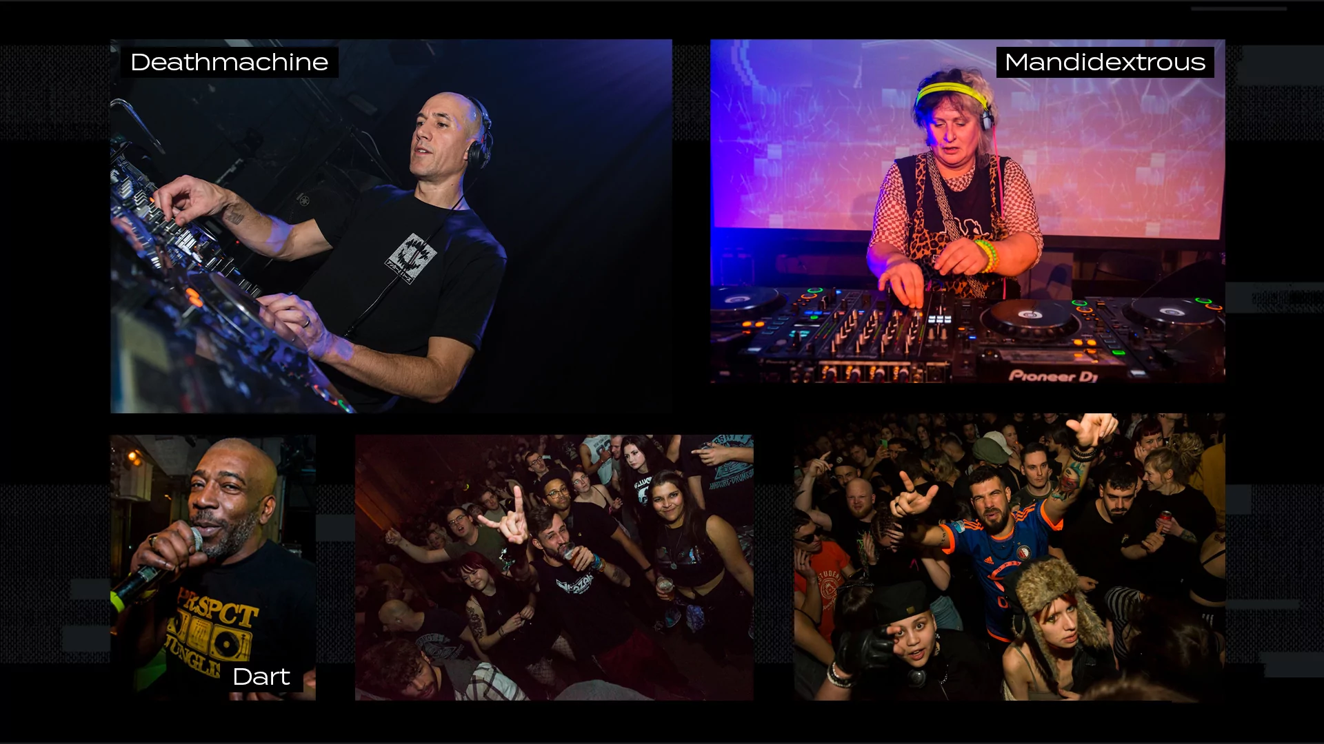 Five photos on a black and white background. At the top, photos of Deathmachine and Manditextrous DJing at a PRSPCT event. At the bottom left, a photo of Dart MCing next to two busy crowd shots