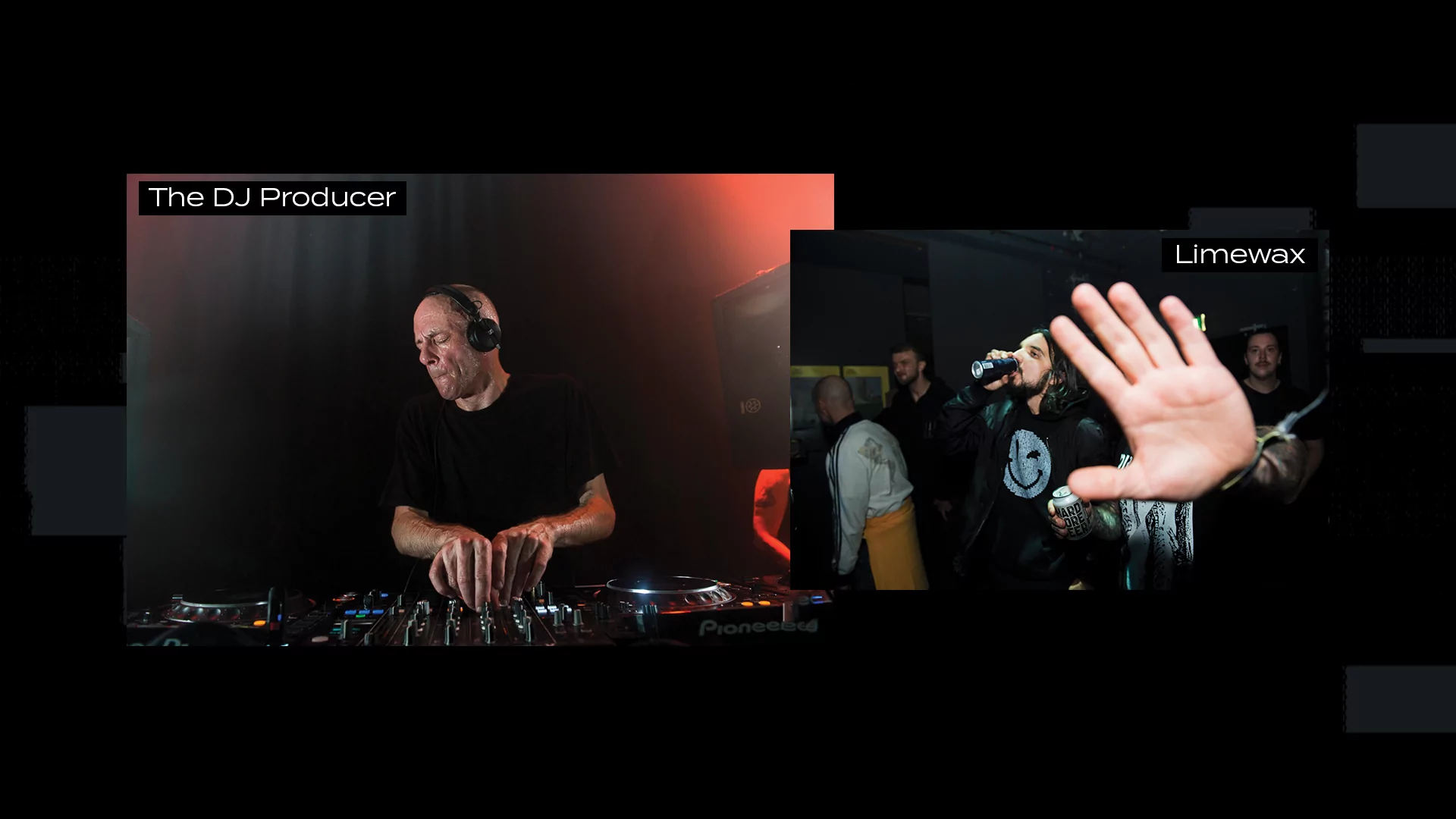 Two photos on a black background, one of The DJ Producer DJing at a PRSPCT party, another of Limewax drinking a beer at an event while another person holds their hand to the camera