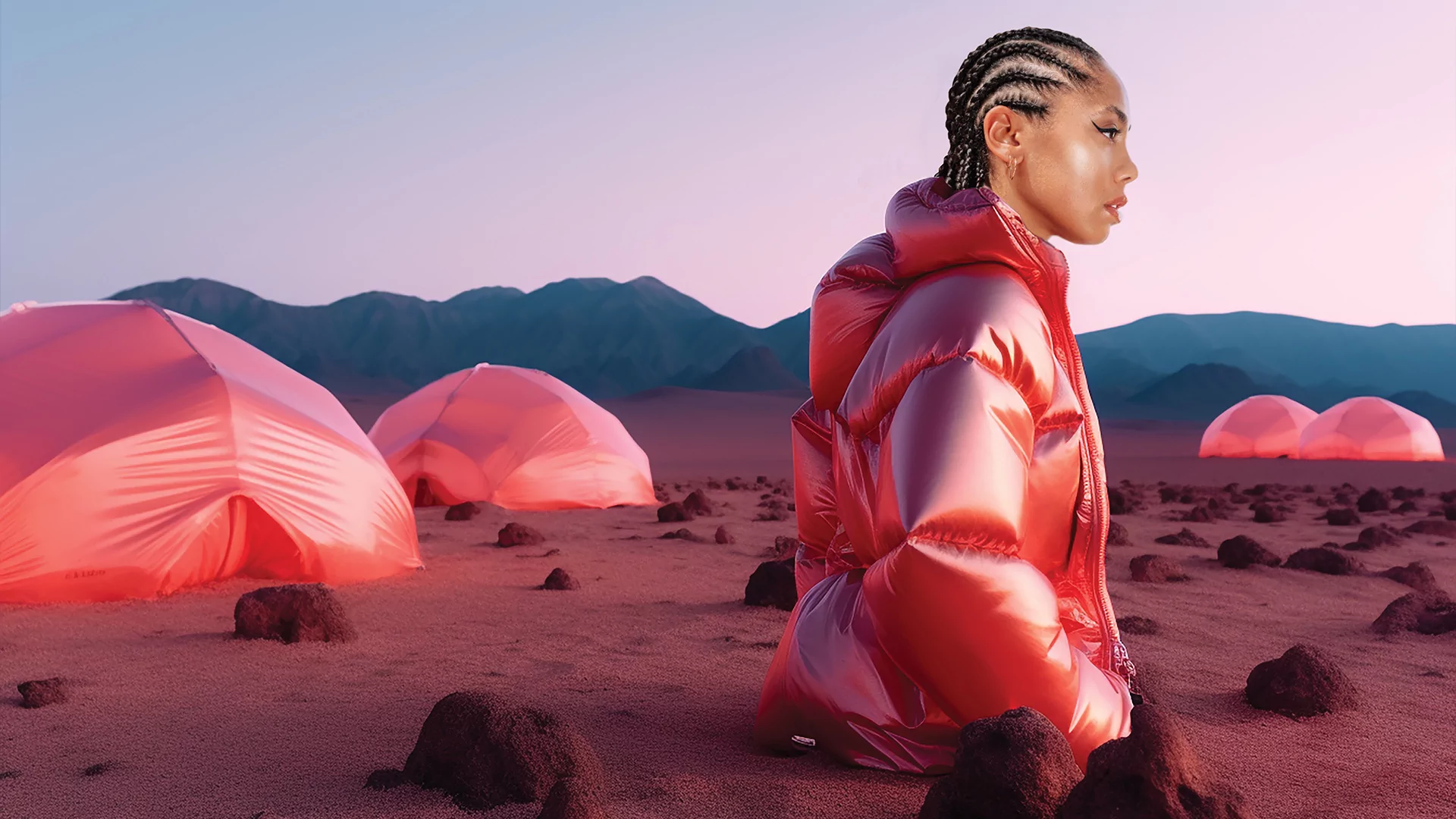 AI-edited photo of Jayda G in the desert. It appears as if she is emerging from the ground from the waist up. She's wearing a pink-red puffer jacket. She is next to a number of pink tents and there are mountains in the distance