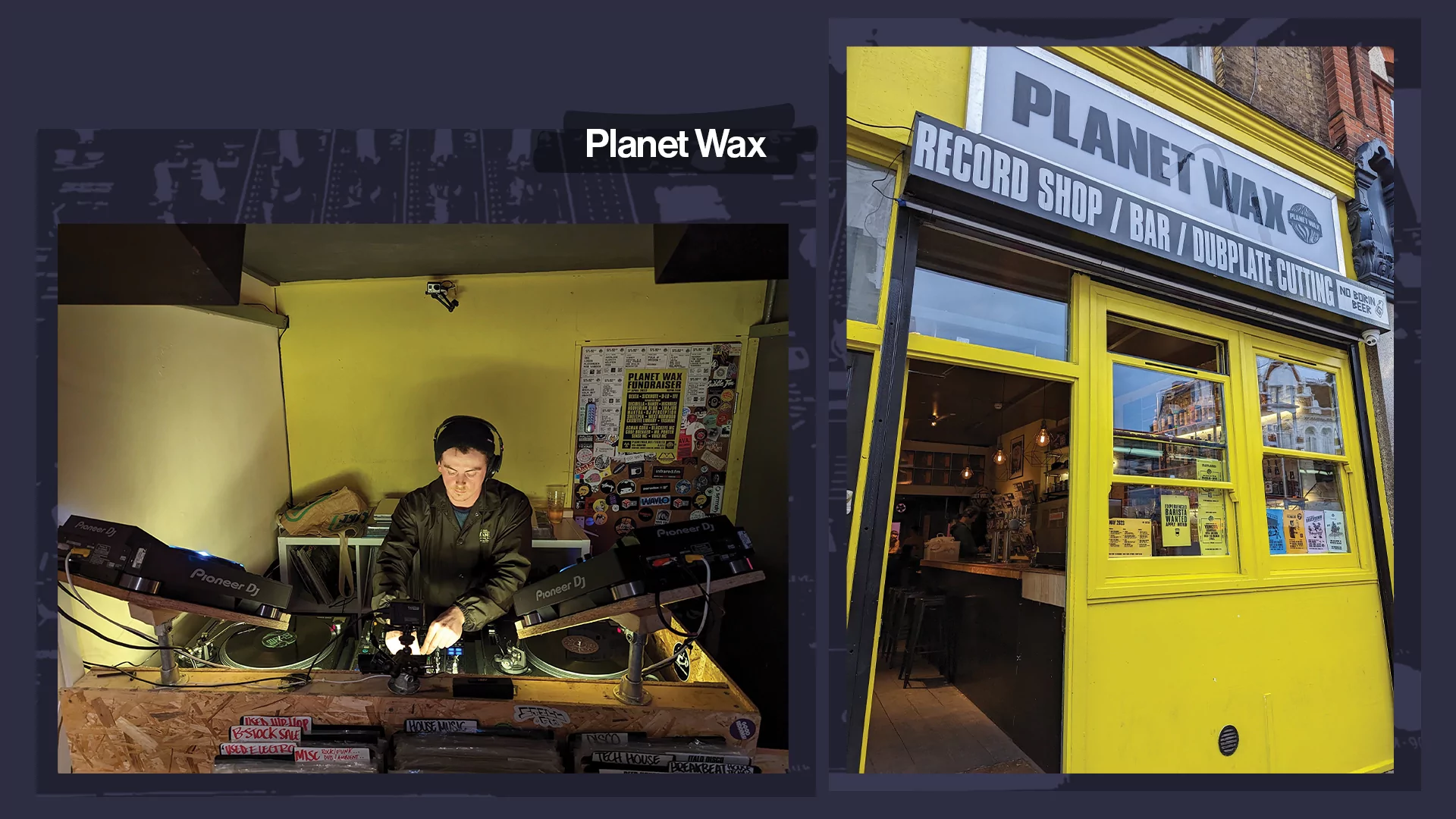 Collage of photos taken at Planet Wax DJ events on a blue background