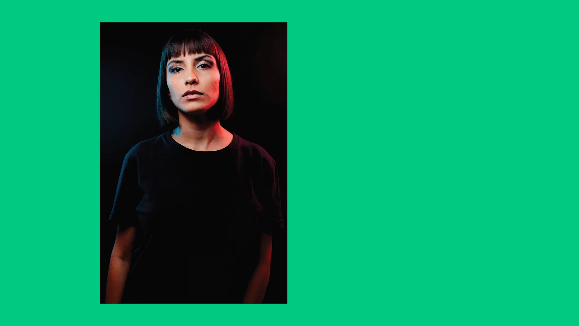Photo of Constanza wearing all black on a green collage background