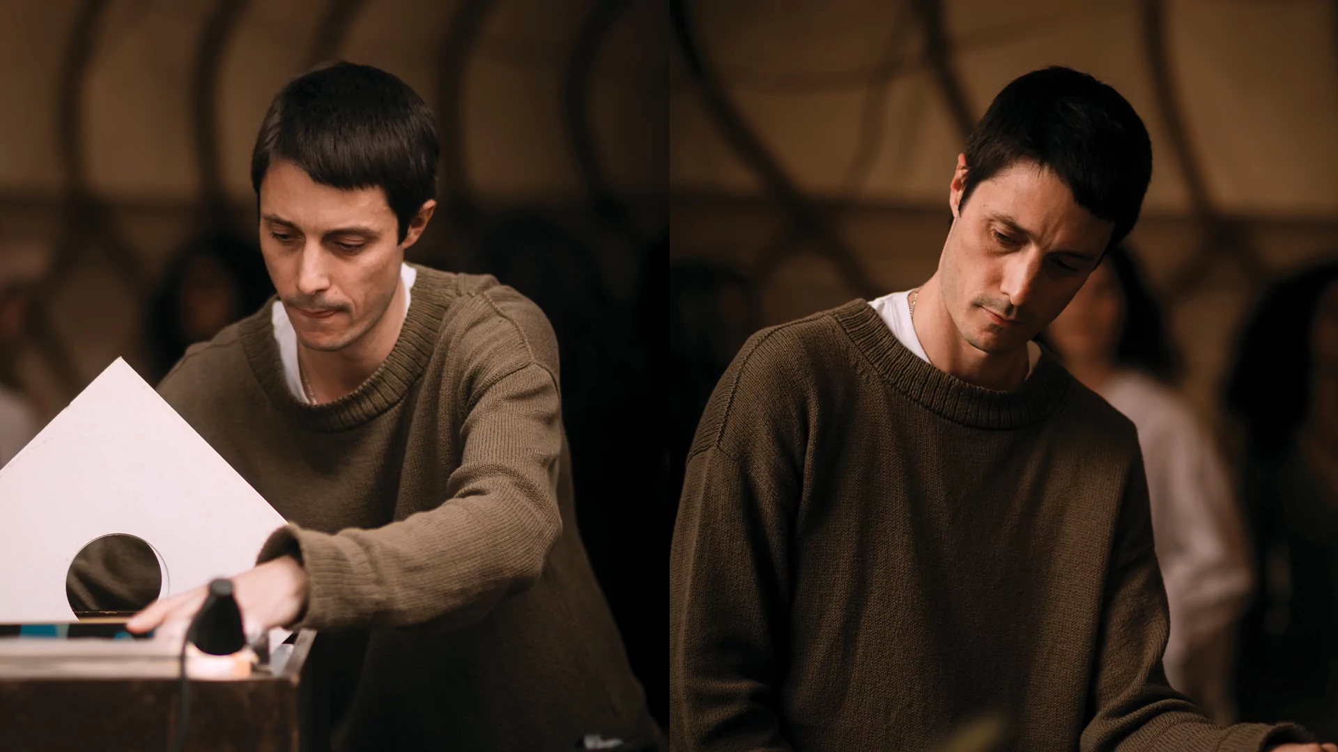 Two photos side by side of Call Super Djing on vinyl wearing an earthy green sweater