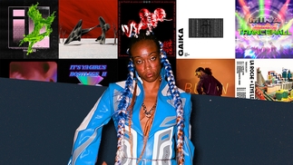 GLOR1A stands in a blue suit in front of the album artworks of releases she has chosen