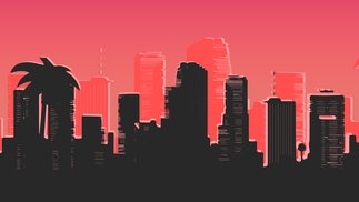 An illustrated black silhouette of the Miami skyline under a hazy pink-red sky