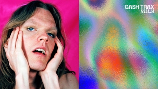 Left: Photo of Roo Honeychild against a pink backdrop, her chin is resting in her hands. Right: psychedelic multi-coloured artwork for Gash Trax volume 2