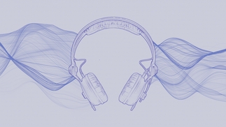 Blue illustration of a pair of headphones with swirling blue soundwaves coming out of either side