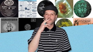 Photo of Coco Bryce standing in a black and white striped polo neck shirt and black beanie hat. He's smoking a joint. He's standing on the right in front of a selection of 10 pieces of album artwork chosen for this feature