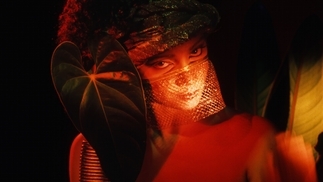 Photo of Asha Puthli wearing a golden lace mask and surrounded by leaves