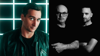 Left: Image of Paul Van Dyk wearing a leather jacket with a neon background, Right: Sean & Dee wearing black t-shirts in front of a black background