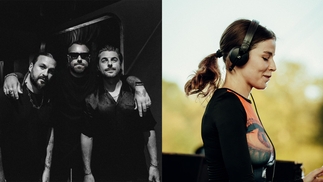 Composite image of the three members of Swedish House Mafia and Anfisa Letyago playing a set outside