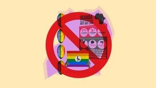 Illustration featuring the Ugandan/pride flag and other LGBTQ+ symbols with a stop sign on a yellow background