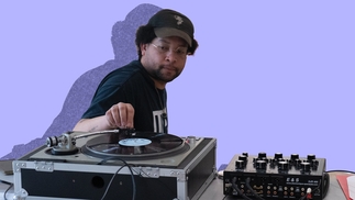 Photo of Russell E. L. Butler DJing overlayed on a purple background