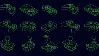 Graphic featuring illustrations of classic video game consoles and controllers in green on a navy background