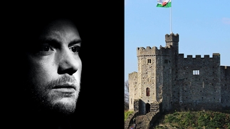Eric Prydz black and white photo next to one of Cardiff Castle