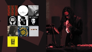 Left: 10 album packshots chosen by Nkisi. Right: Nkisi performing live, leaning over a table of electronic equipment while blowing on a digital wind instrument