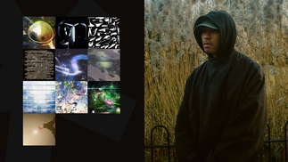 On the right: A photo of NEXCYIA standing in front of a black fence, behind which there is a bush of tall reeds. He has a black hoodie on with the hood up and a baseball cap. On the left: 10 album packshots chosen for his Selections