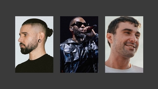 Press shots of Skrillex, Flowdan and Fred Again.. on a black background