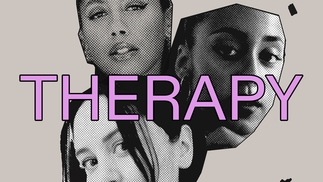 cover image for the most recent episode of the Therapy podcast with cut outs of Jayda G, Logic 100 and Helena Star's faces in black and white