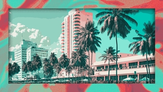 Red and turquoise graphic of a beach in Miami on a swirling background