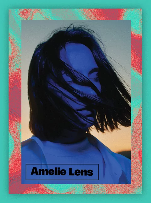 Photo of Amelie Lens on a turquoise and blue swirling background