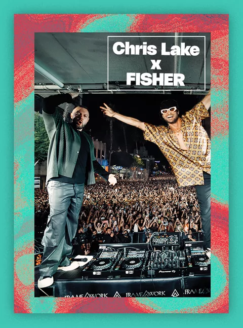 Photo of Chris Lake and FISHER on a turquoise and blue swirling background