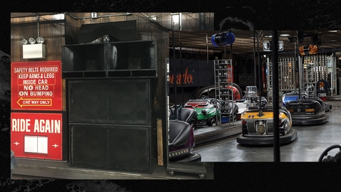 Two pictures side by side. On the left, the Eldorado Auto Skooter sound system. On the right, some of its bumper cars